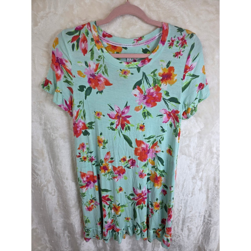 Kensie Womens Floral Ruffle Short Sleeve Top Mint Green Pink R3423994
